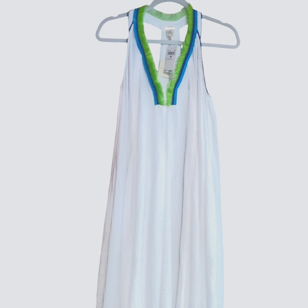 Magaschoni White Organic Cotton Gauze Maxi Beach Dresd w/ Lime Fringe Size S